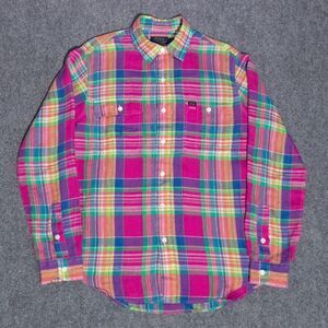 Polo Ralph Lauren Check Print Linen Plaid Long Sleeve Button Shirt Tab Collar M
